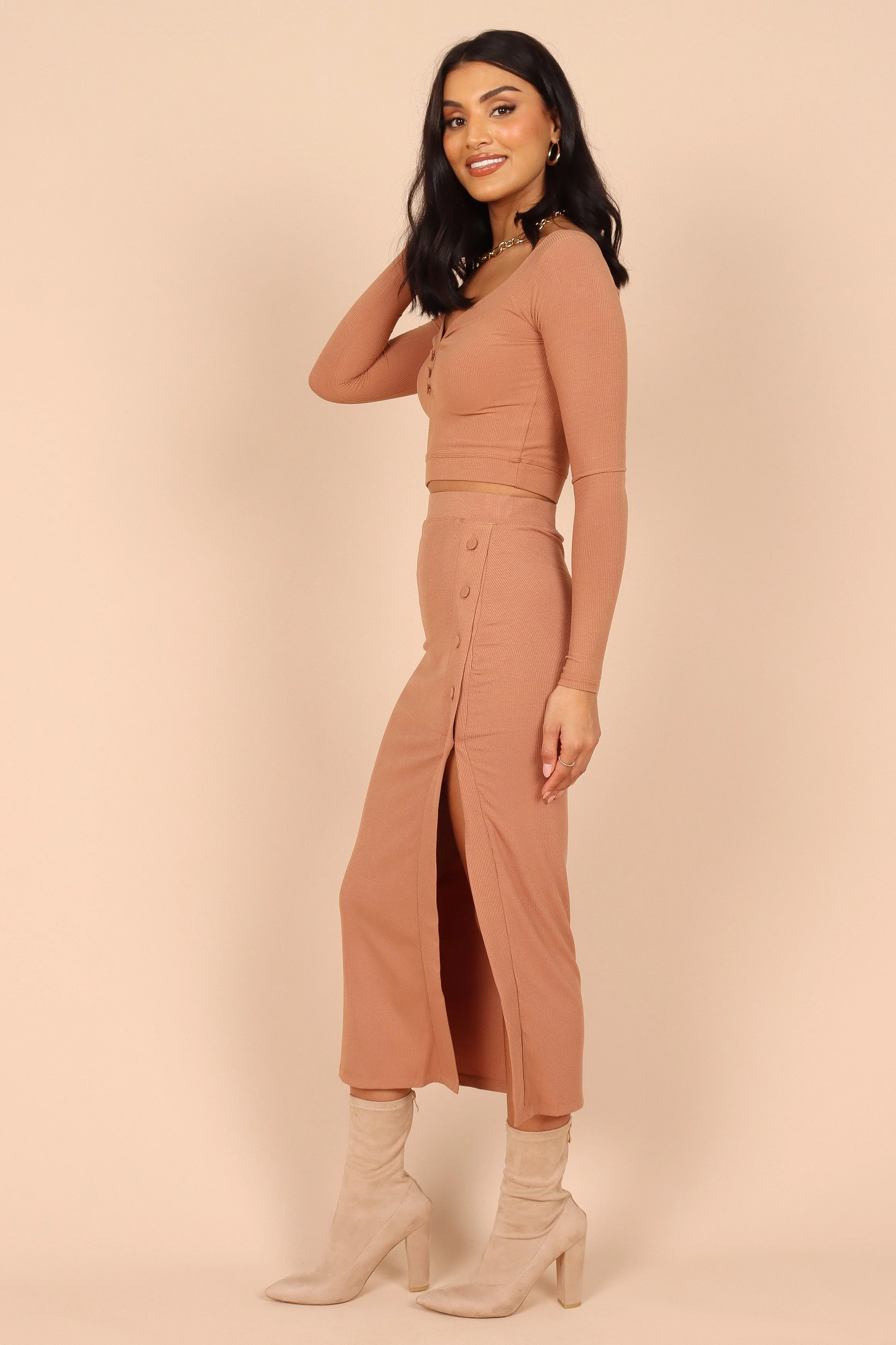 Amara Button Detail Set - Dusty Brown - Image 4