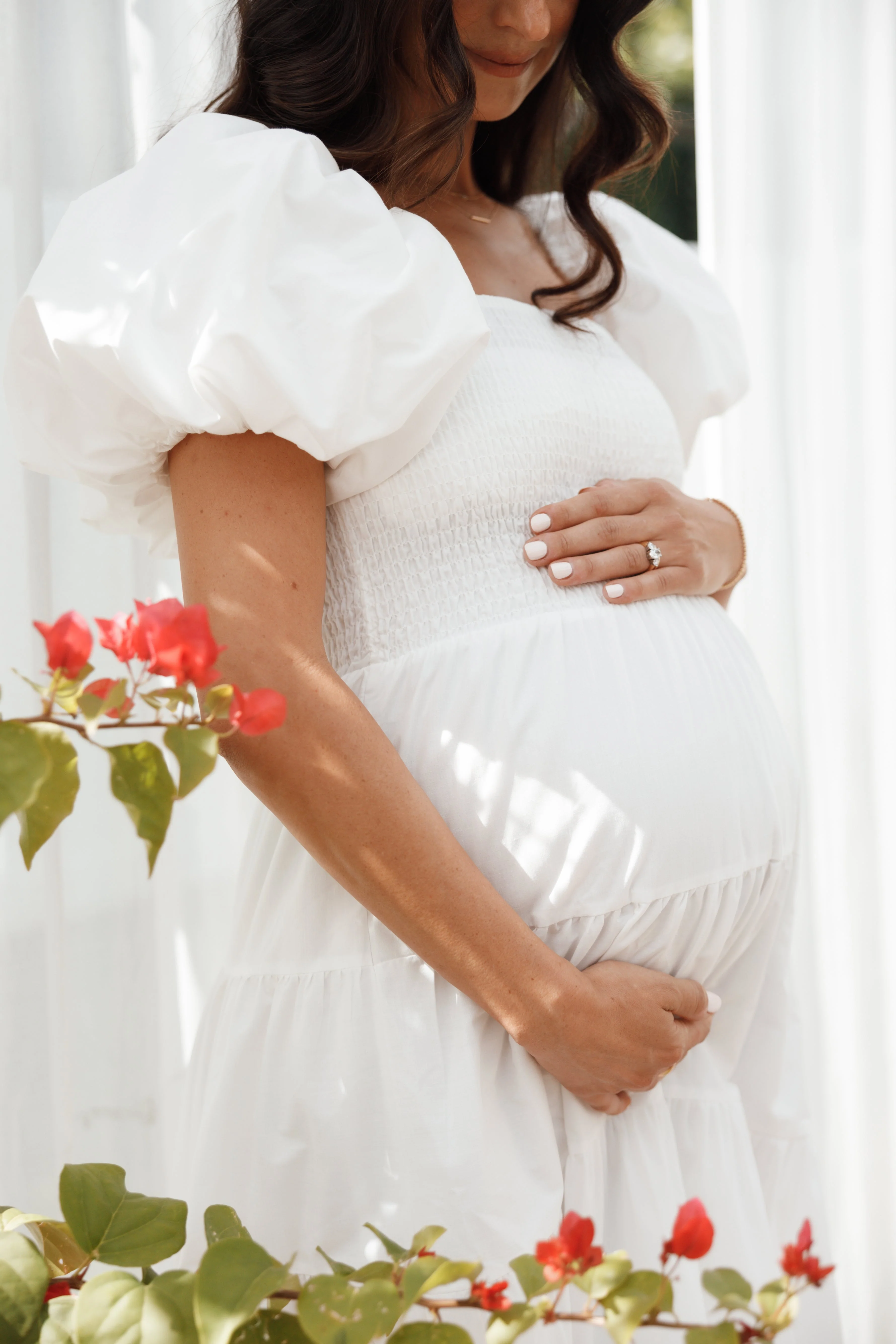 Annette Puff Sleeve Shirred Midi Dress - White - Image 3