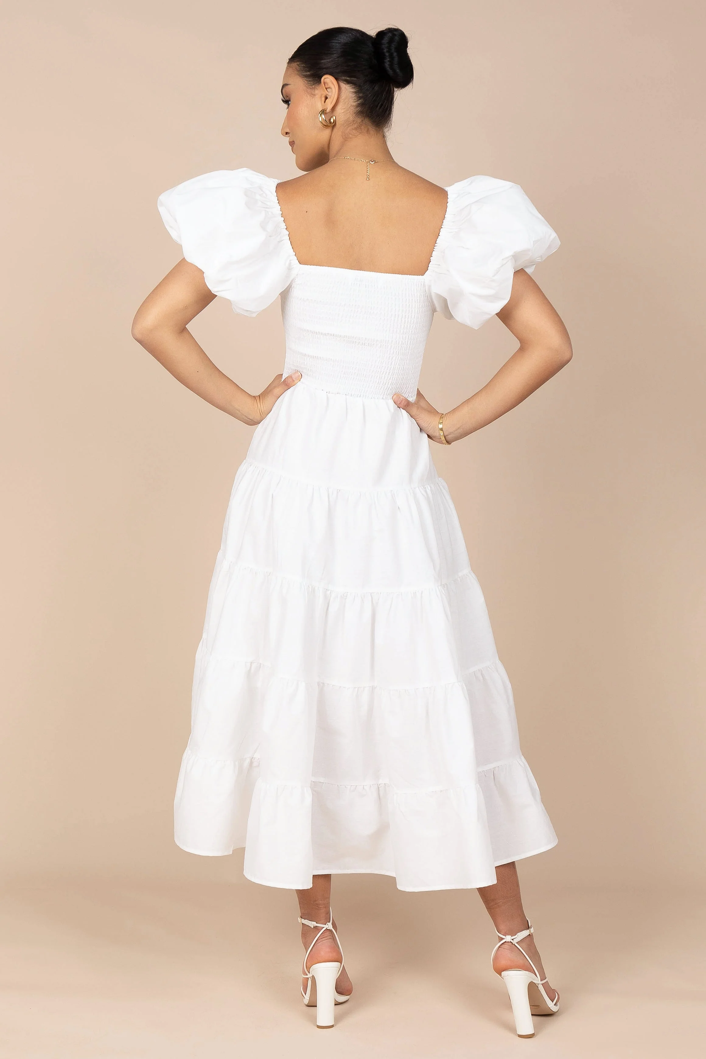 Annette Puff Sleeve Shirred Midi Dress - White - Image 5
