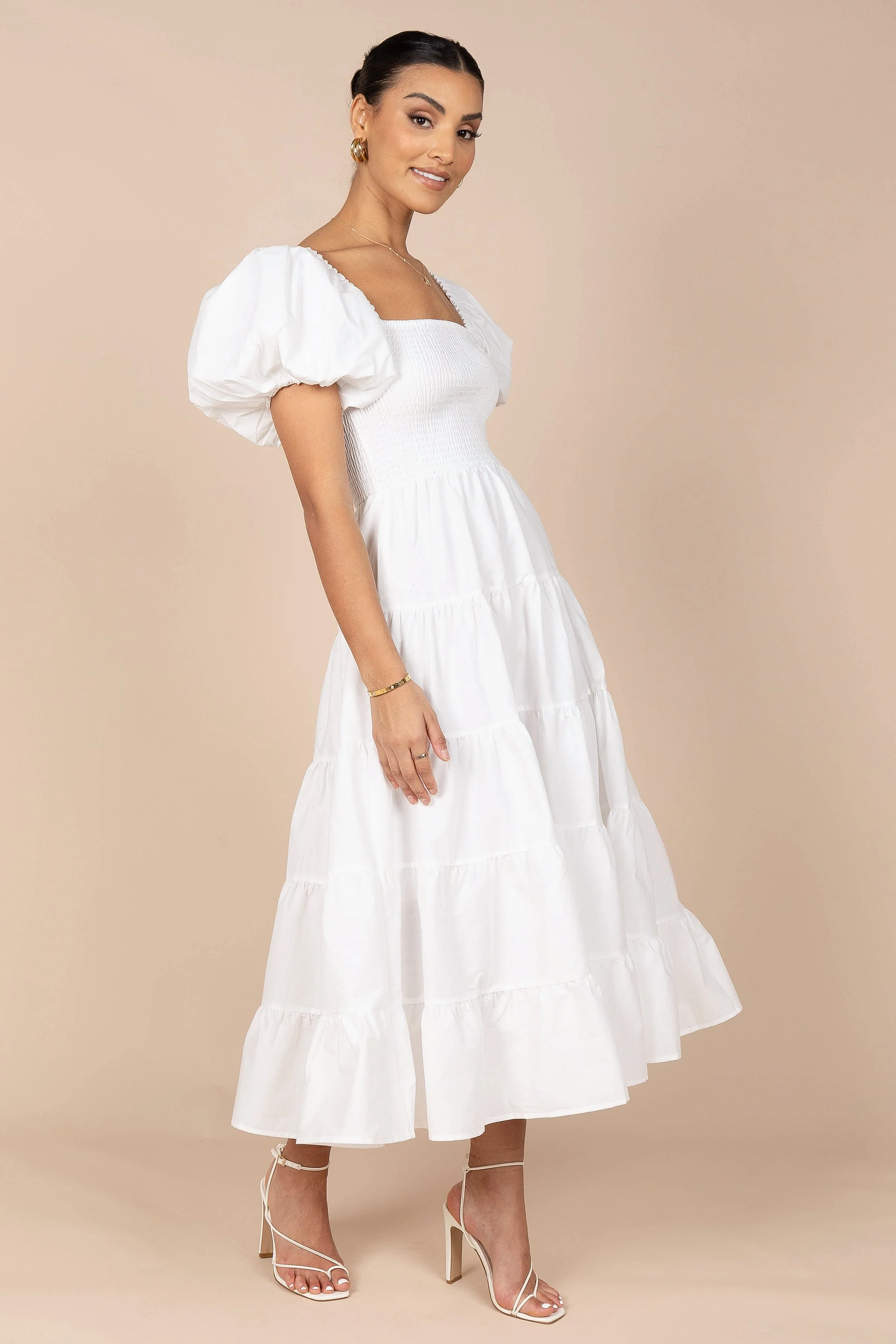 Annette Puff Sleeve Shirred Midi Dress - White - Image 6