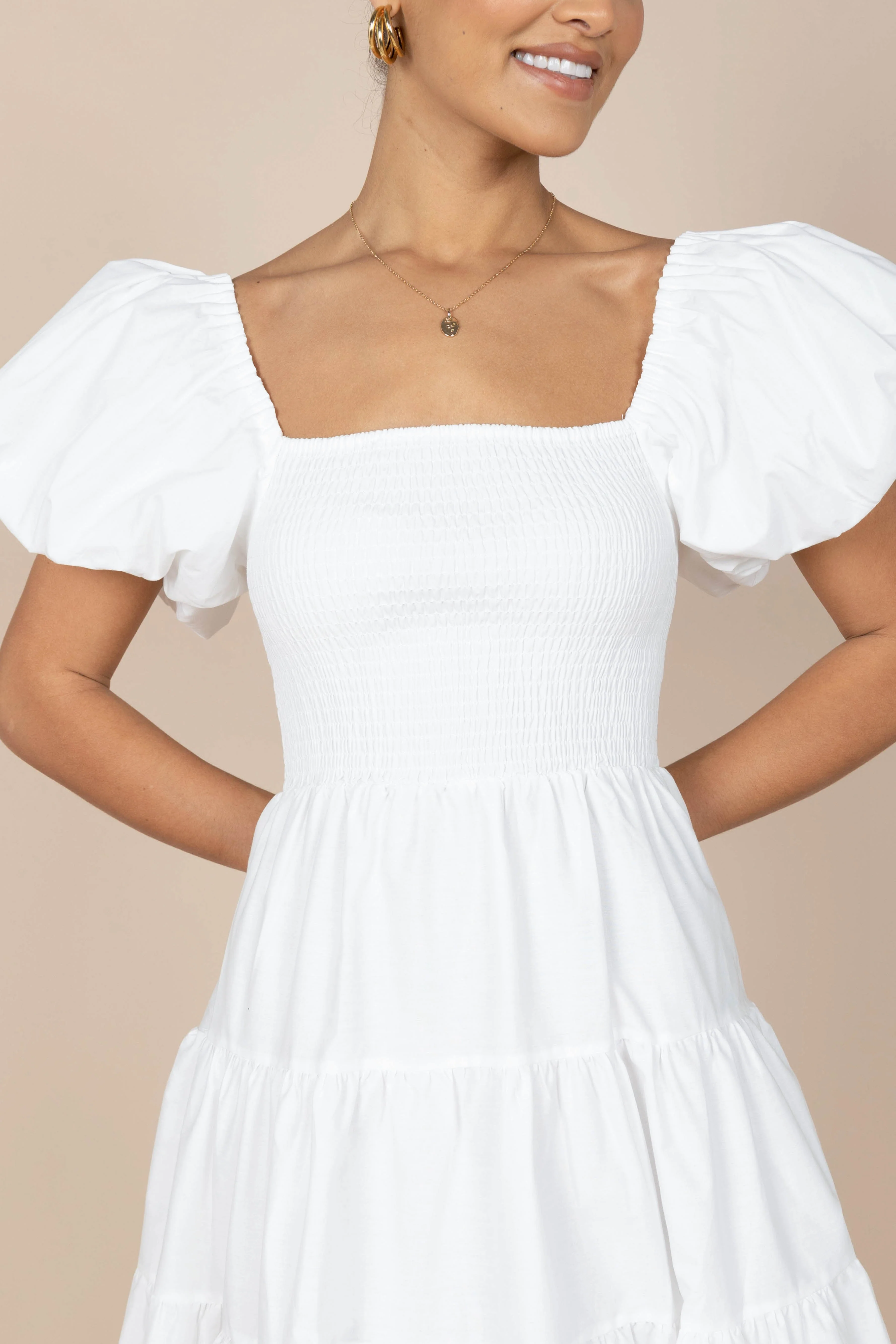 Annette Puff Sleeve Shirred Midi Dress - White - Image 7