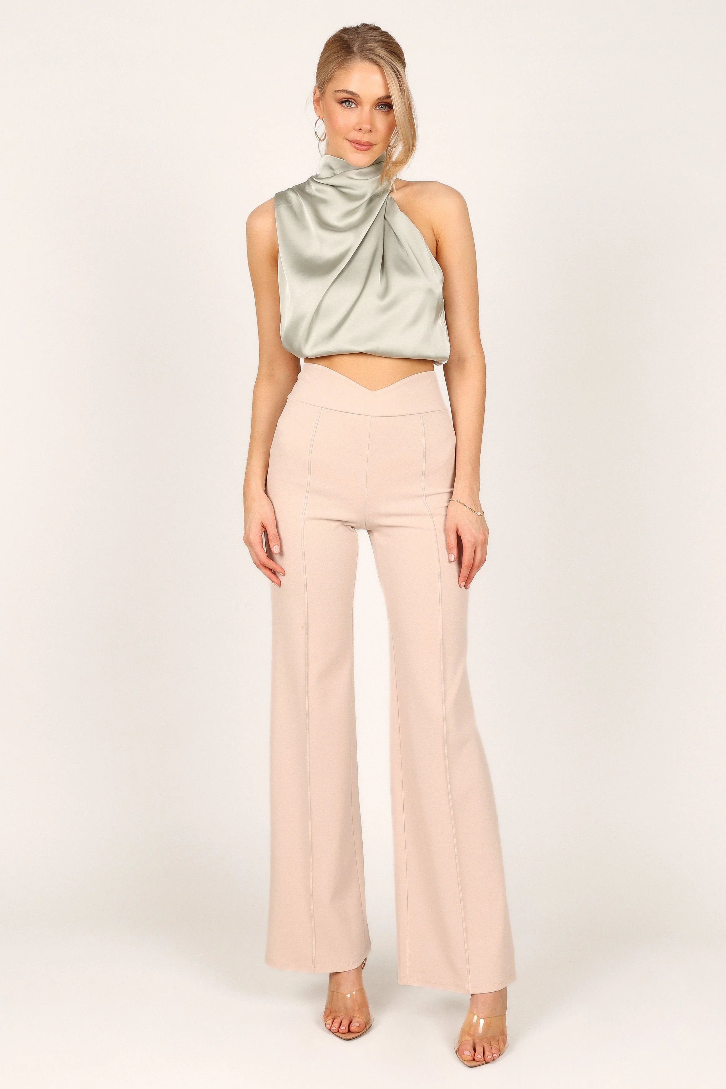 Arabella High Neck Drape Satin Top - Olive - Image 3