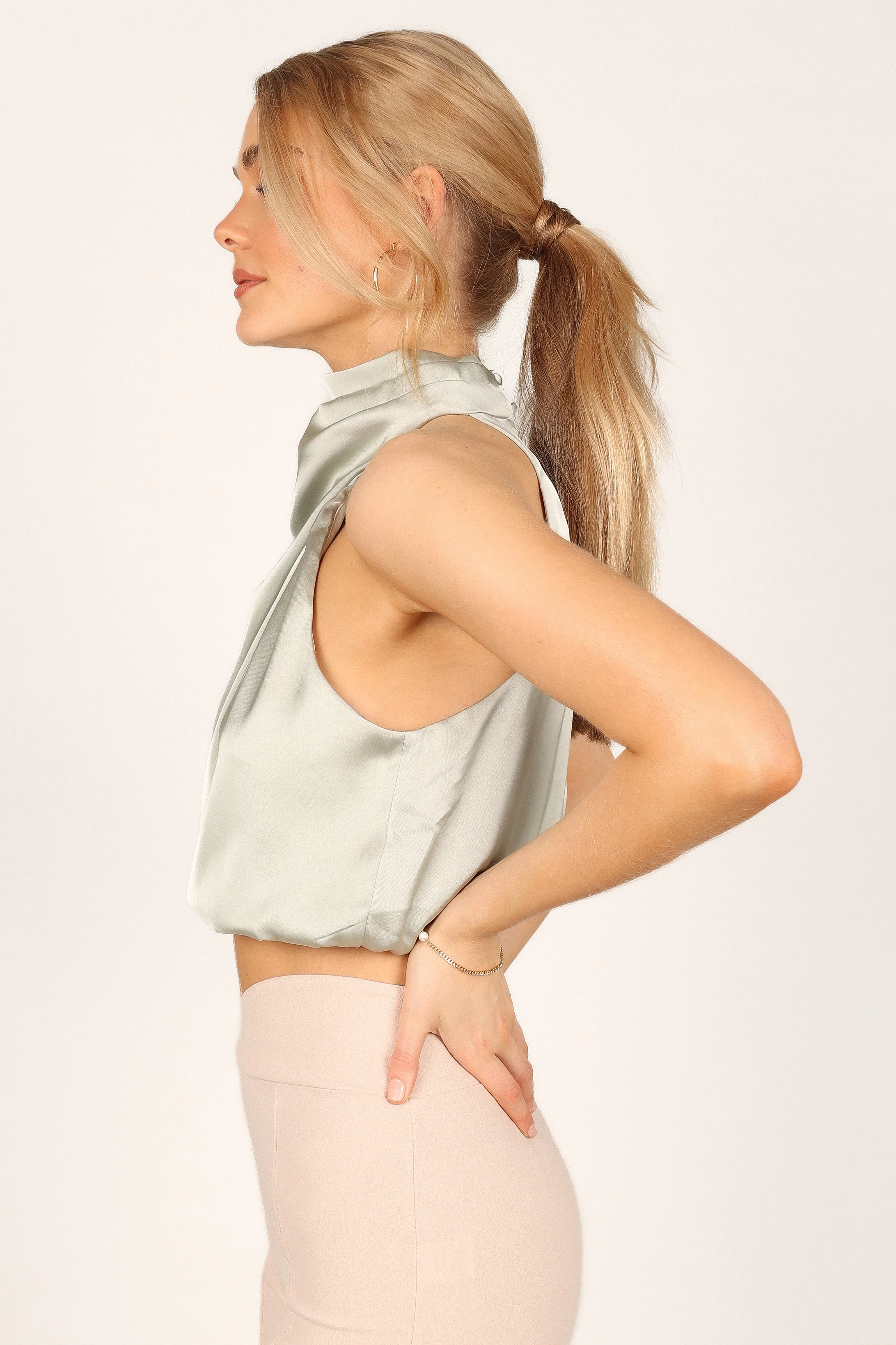 Arabella High Neck Drape Satin Top - Olive - Image 5