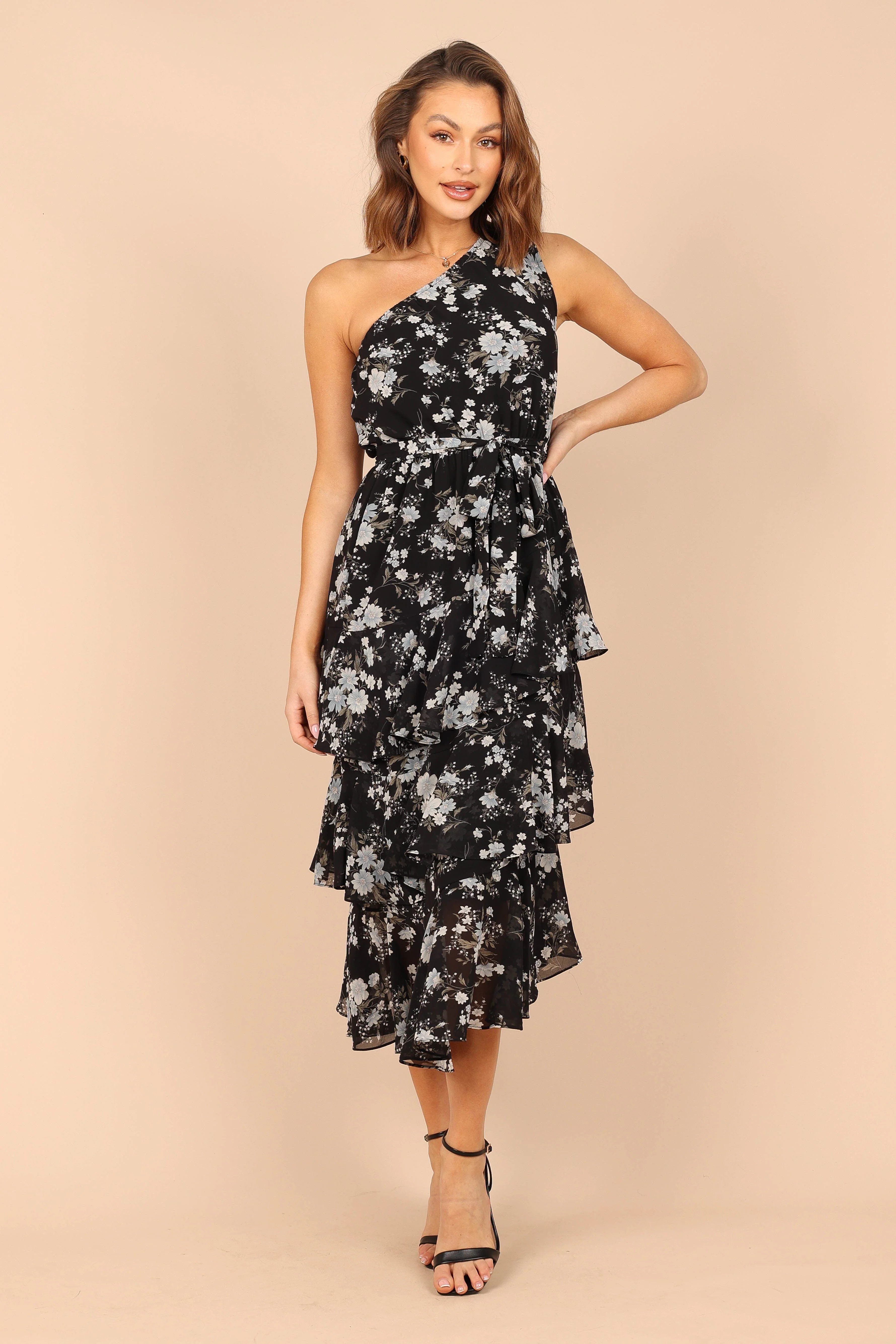 Brigette One Shoulder Tiered Midi Dress - Black Floral - Image 5