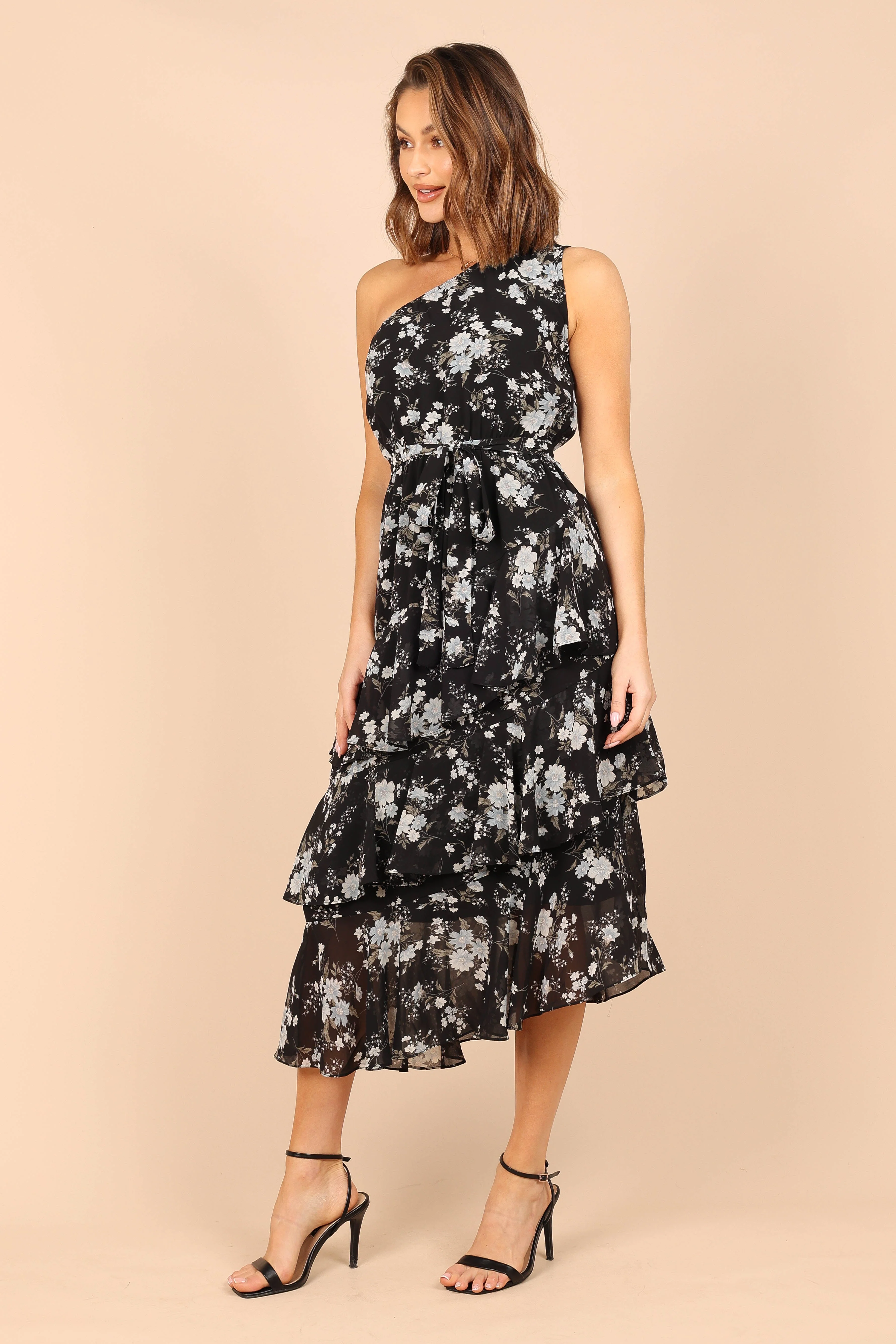 Brigette One Shoulder Tiered Midi Dress - Black Floral - Image 6