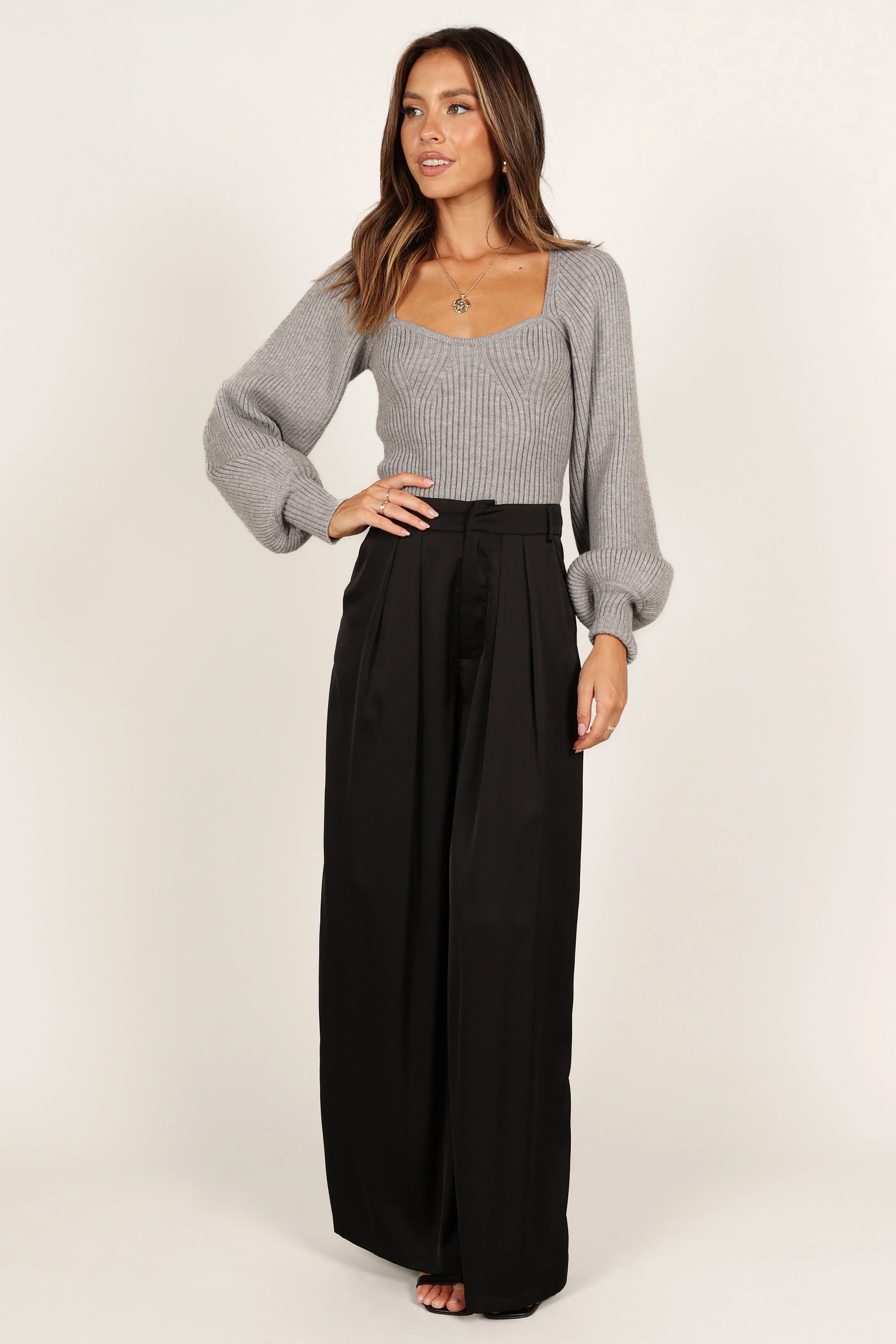 Gia Sweetheart Neck Bell Sleeve Knit Sweater - Light Grey - Image 3