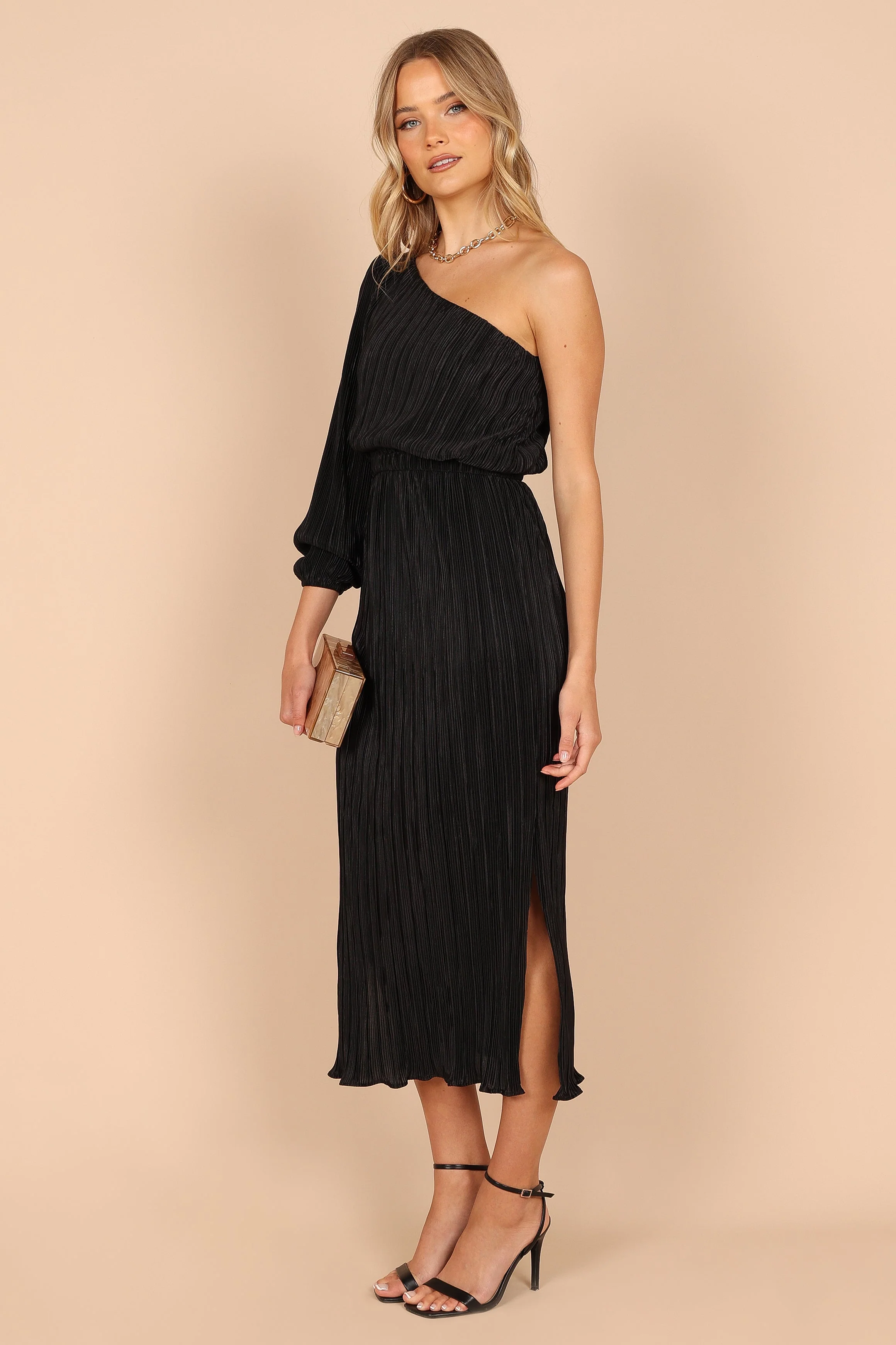 Pontee One Shoulder Pleated Midi Dress - Black - Image 3